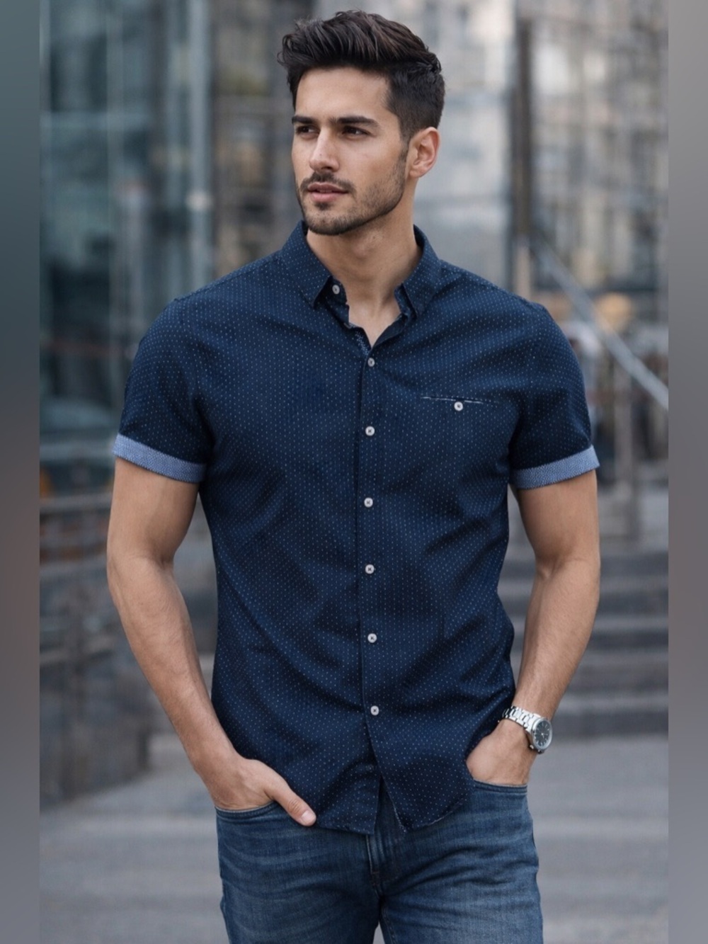 Cactus Man dark blue white polka dot Button Down Shirt sleeve accent M/40